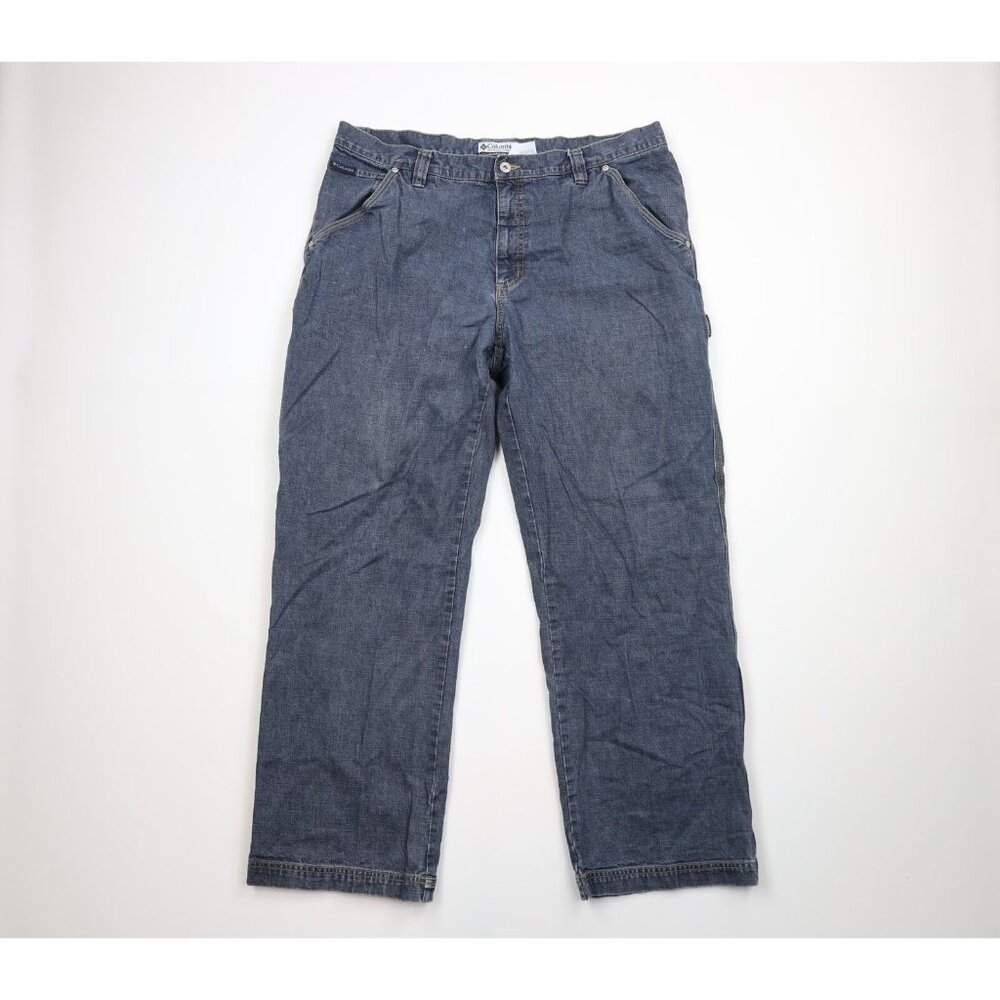 Vintage Columbia Mens 40x32 Faded Spell Out Wide Leg Denim Jeans Blue Cotton